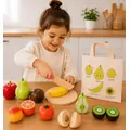 Bag With Wooden  chopping board set - ხის სათამაშო დასაჭრელი ხილი და ბოსტნეული ჩანთით
