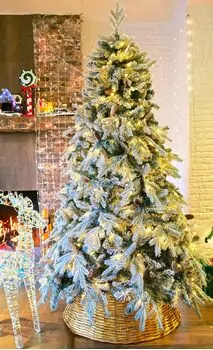Christmas Tree 210 CM With Pine Cones And Lights, PE + PVC Snow-Covered ნაძვის ხე სილიკონის შერეული ტოტებით, გირჩით და განათებით