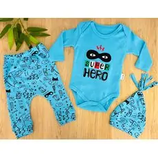 Super Hero Set 3in1 Blue ახალშობილის ტანსაცმლის ნაკრები POLİFONİ 1011