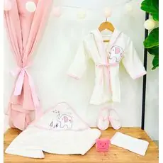 BEBEKEVI Bath-robe 5in1 Set 1284 White-Pink საბავშვო აბაზანის ხალათის ნაკრები
