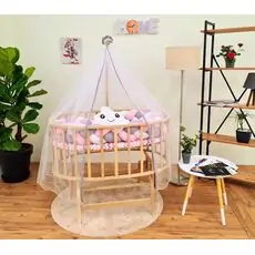 Bebeconfor Amedan Natural Color Basket Cradle With Pink/Grey/White Bumper ახალშობილის საწოლი