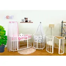 WHITE EGGER CRADLE With Pink White Knit Bumper ხის ტრანსფორმერი საწოლის კომპლექტი