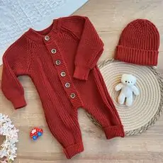 Beautiful Knitted Romper Red - ახალშობილის ნაქსოვი რომპერი