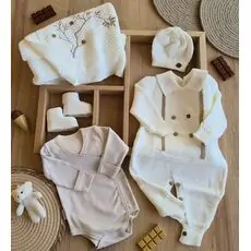 Cute Knitted 5 In 1 Set White - ჩვილის სამოსის ნაკრები