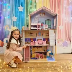 Wooden Doll House For Kids - თოჯინის ხის სამ სართულიანი სახლი ავეჯით