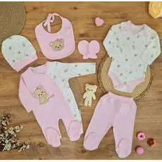 Cute Bear Milk 6 In 1 Set Pink - ჩვილის სამოსის ნაკრები
