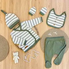 Plain Striped 5 In 1 Set Green - ჩვილის სამოსის ნაკრები