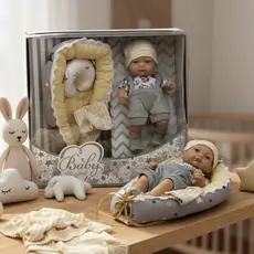 Newborn doll with cradle, quilt and pillow საბავშვო სათამაშო თოჯინა