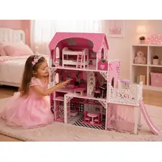 Pink Wooden Doll House With Slide And Accsesoriess  - თოჯინის ხის სახლი სასრიალოთი და ავეჯით