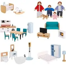 Wooden Dollhouse Accessories and Furniture - ხის სათამაშო სახლის აქსესუარები და ავეჯი