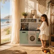 Moni Toys 7257 Wooden kitchen with lights, microwave and sink საბავშვო ხის სათამაშო სამზარეულო