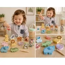 Tooky Toy Wild Animals Lacing Blocks - ხის განსავითარებელი სათამაშო