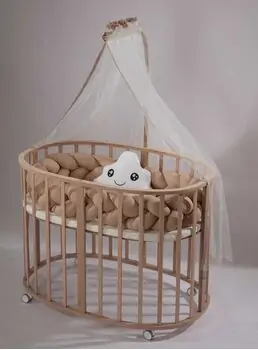 Bebekonfor Natural Hemilan Cradle With Brown Knit Protection - ხის ტრანსფორმერი საწოლის კომპლექტი