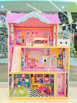 Toy Wooden Dollhouse with Accessories HT005 თოჯინის ხის სამ სართულიანი სახლი ავეჯით