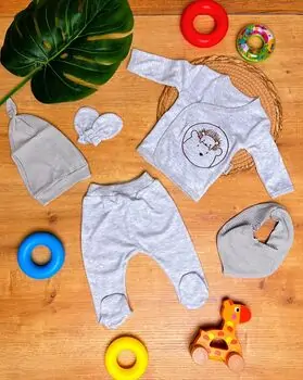 Newborn Baby 5 In 1 Set Hedgehog Grey ახალშობილის ტანსაცმლის ნაკრები