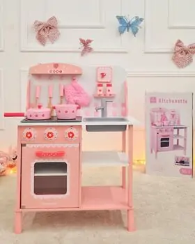 Toy Wooden Kitchen With Accessories Pink - ხის სათამაშო სამზარეულო