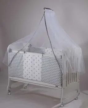 Bebekonfor Flower Mother Side Cradle Grey With zig-zag Set - ხის საწოლის კომპლექტი