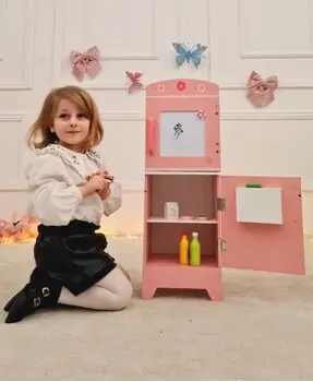 Wooden Toy Fridge Pink  - სათამაშო ხის მაცივარი აქსესუარებით, 4 image