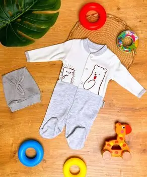 Ates Baby Romper Hedgehog And Bear Grey ჩვილის რომპერი