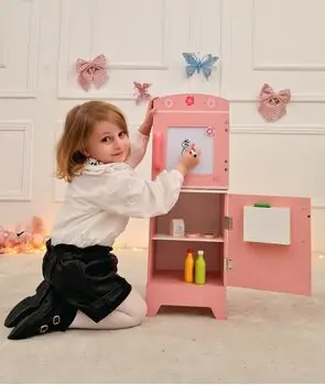 Wooden Toy Fridge Pink  - სათამაშო ხის მაცივარი აქსესუარებით, 2 image