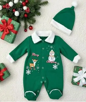 Merry Christmas Reindeer And Santa Romper Green -  საბავშვო საახალწლო რომპერი