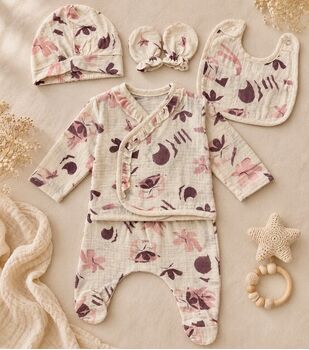 Floral Muslin 5 In 1 Set Beige - ჩვილის სამოსის ნაკრები