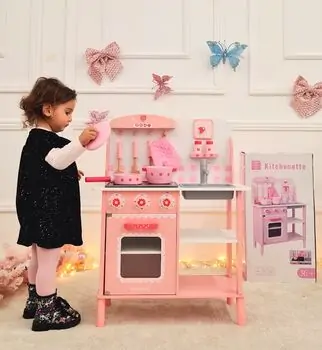 Toy Wooden Kitchen With Accessories Pink - ხის სათამაშო სამზარეულო, 6 image
