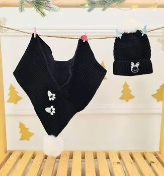 Rabbit Hat and Scarf Set Black - ახალშობილის ქუდი და კაშნე