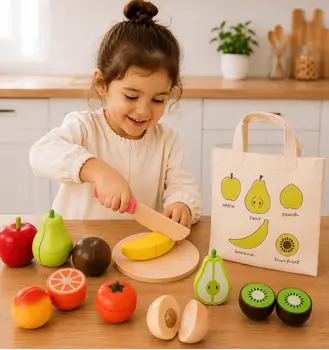 Bag With Wooden  chopping board set - ხის სათამაშო დასაჭრელი ხილი და ბოსტნეული ჩანთით