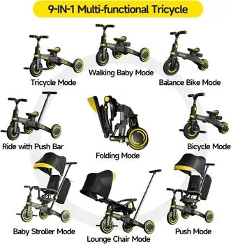 Flash Foldable Tricycle Yellow - სასეირნო დასაკეცი ველო-ეტლი, 3 image