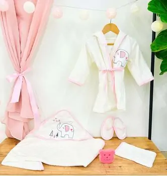BEBEKEVI Bath-robe 5in1 Set 1284 White-Pink საბავშვო აბაზანის ხალათის ნაკრები
