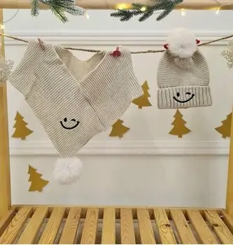 Smile Hat and Scarf Set Beige - ახალშობილის ქუდი და კაშნე