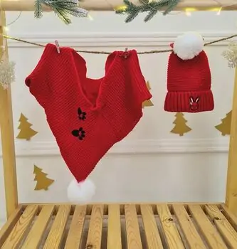 Rabbit Hat and Scarf Set Red - ახალშობილის ქუდი და კაშნე