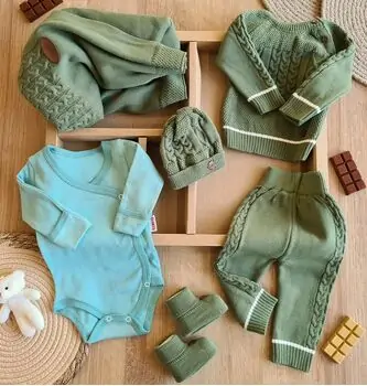 Cute Knitted 6 In 1 Set Green - ჩვილის სამოსის ნაკრები