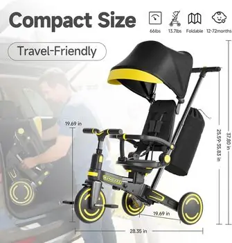Flash Foldable Tricycle Yellow - სასეირნო დასაკეცი ველო-ეტლი, 2 image