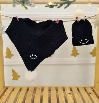 Smile Hat and Scarf Set Black - ახალშობილის ქუდი და კაშნე