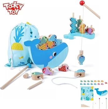 Tooky Toy TH698 ხის თევზაობის/სტაკინგ თამაშის ნაკრები (25 ნაწილი, ლურჯი)