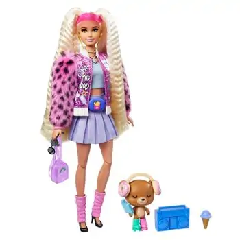 BARBIE  Extra In Varsity Jacket With Furry Arms & Pet Teddy Bear სათამაშო მოდური თოჯინა დათვის ბელით და აქსესუარებით