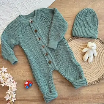 Beautiful Knitted Romper Green - ახალშობილის ნაქსოვი რომპერი