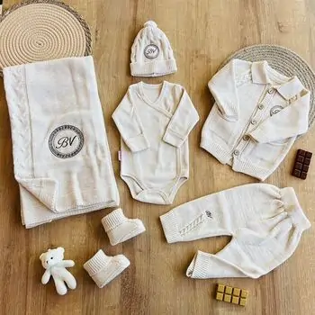 Cute Knitted 6 In 1 Set Beige - ჩვილის სამოსის ნაკრები, 2 image