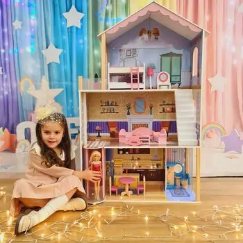 Wooden Doll House For Kids - თოჯინის ხის სამ სართულიანი სახლი ავეჯით, 14 image