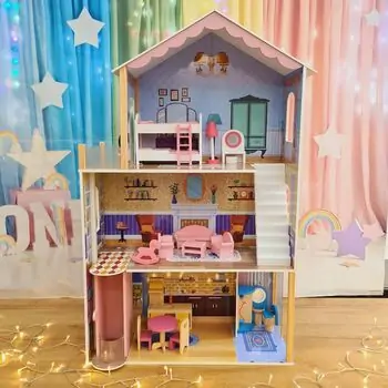 Wooden Doll House For Kids - თოჯინის ხის სამ სართულიანი სახლი ავეჯით, 2 image