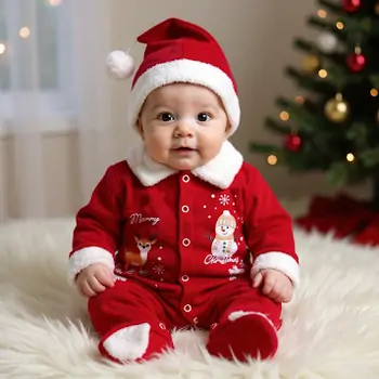 Merry Christmas Reindeer And Santa Romper Red -  საბავშვო საახალწლო რომპერი, 2 image