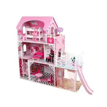 Pink Wooden Doll House With Slide And Accsesoriess  - თოჯინის ხის სახლი სასრიალოთი და ავეჯით, 4 image