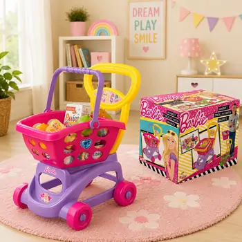 Dede 01972 BARBIE MARKET TROLLEY  WITH BASKET სათამაშო მარკეტის აქსესუარები
