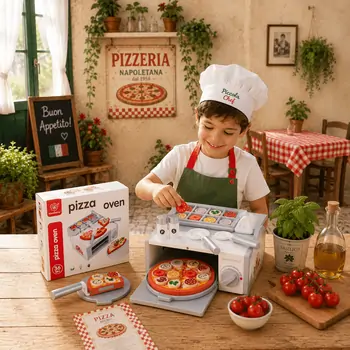 Wooden Toy Pizza Oven With Accsesoriess - ხის სათამაშო პიცის საცხობი აქსესუარებით
