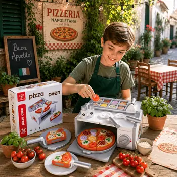 Wooden Toy Pizza Oven With Accsesoriess - ხის სათამაშო პიცის საცხობი აქსესუარებით, 2 image