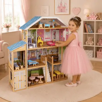 Wooden Grand Mansion Doll house With Accsesoriess -  თოჯინის ხის სახლი ავეჯით, 2 image