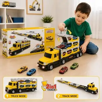 Super Size Yellow Truck With Cars  - სათამაშო გადამზიდი მანქანა