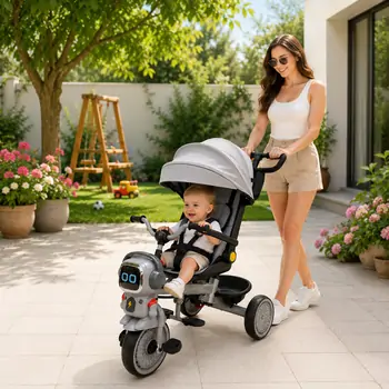 Robot Tricycle Grey With Music And Light - სასეირნო ველო-ეტლი, 2 image